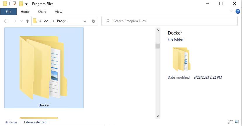 Screenshot of docker application on windows, showing file folder and date modified.