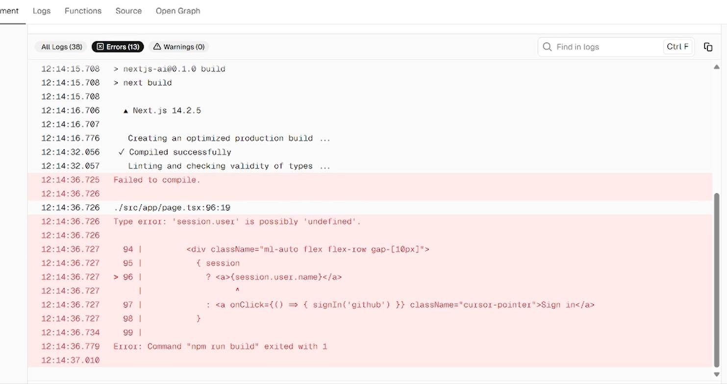 Image showing the deployment error that'll be seen on Vercel