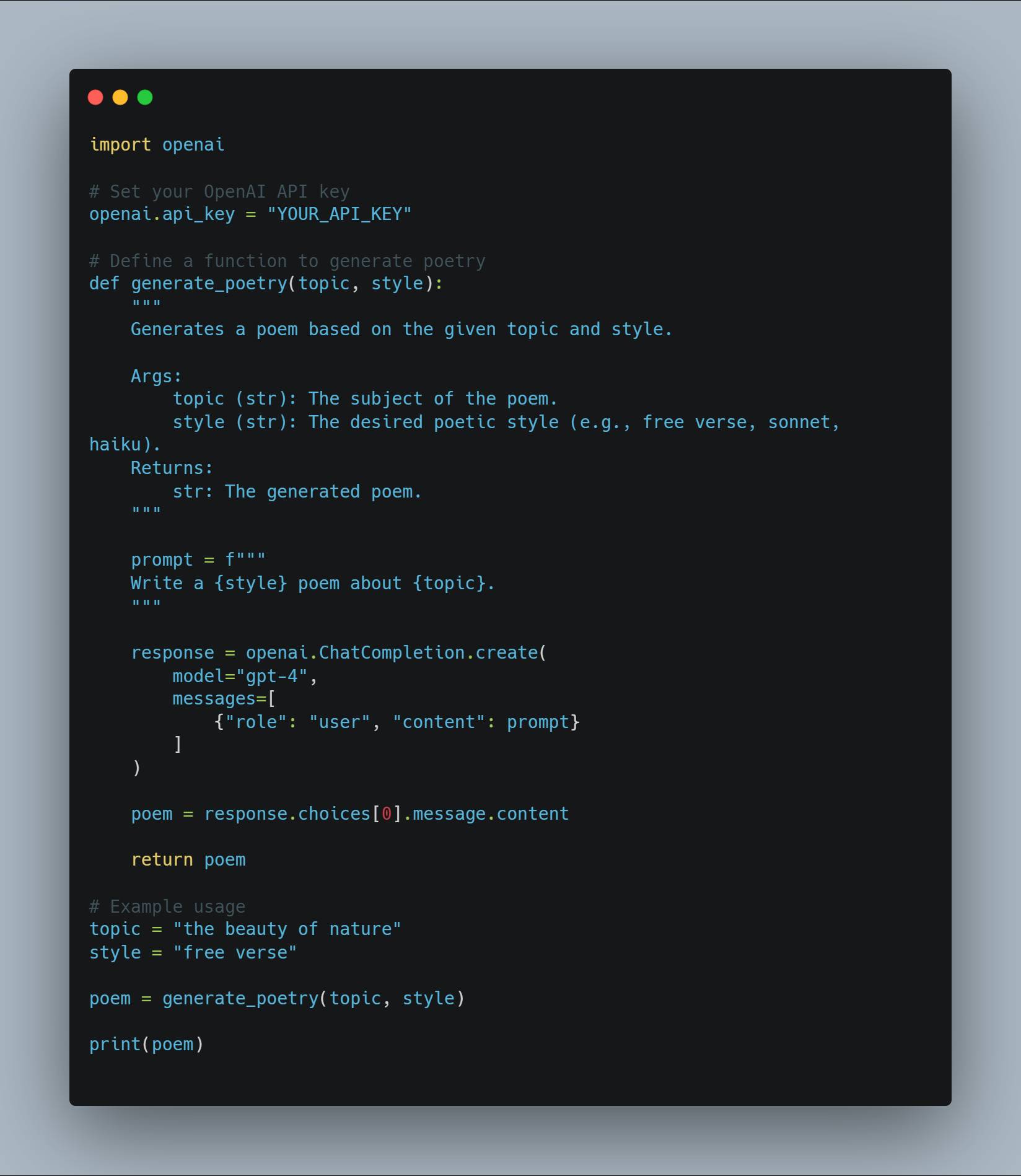 Screenshot of Python code that uses the OpenAI GPT-4 API to generate a poem. The code includes an API key setup, a function definition `generate_poetry` that takes `topic` and `style` as arguments, a prompt formation, API response handling, and example usage with the topic "the beauty of nature" and style "free verse".