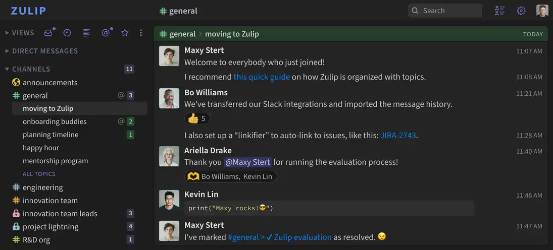 Screenshot of the Zulip interface.