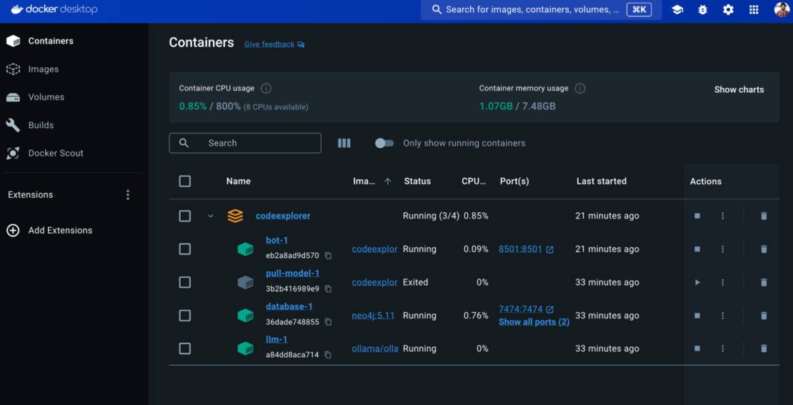 Screenshot of docker desktop showing code explorer running.