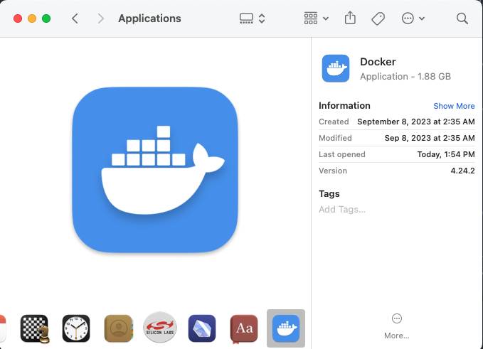 Screenshot of docker application information on macos, including date created, modified, version, and more.