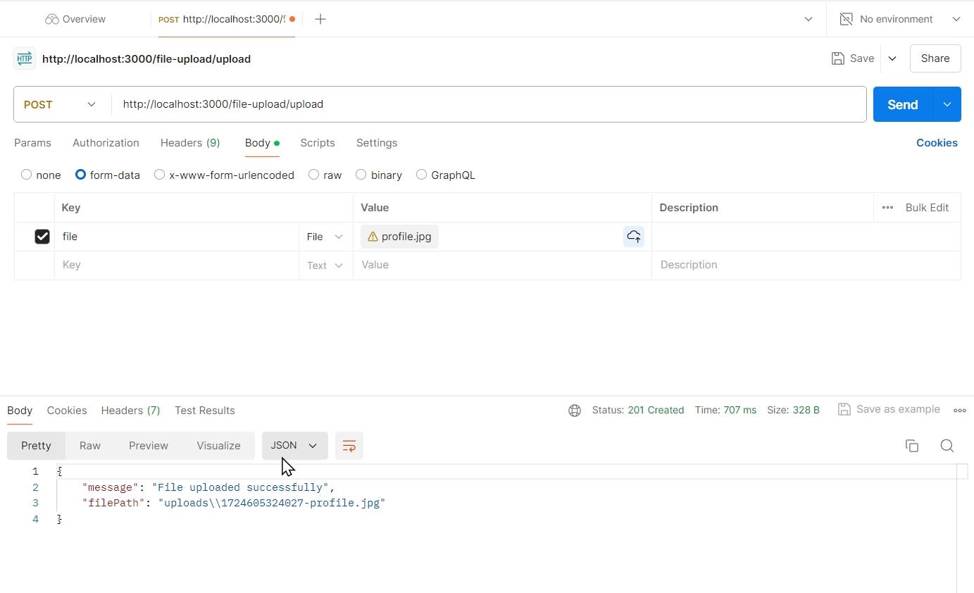 postman test for the upload endpoint