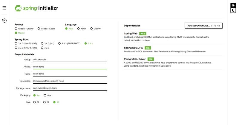 Spring Initializer website form to select spring boot project specifications and dependencies