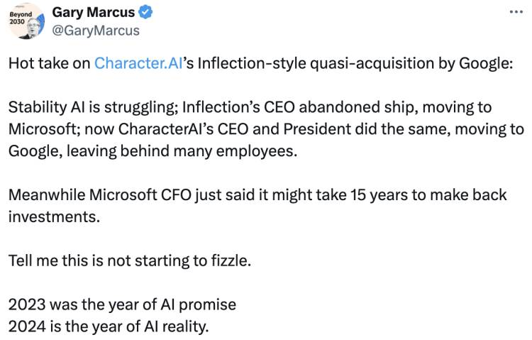人工智能专家Gary Marcus认为3家知名AI公司CEO投奔大厂、微软15年才能收回投资,正是生成式AI泡沫即将破灭的迹象。
