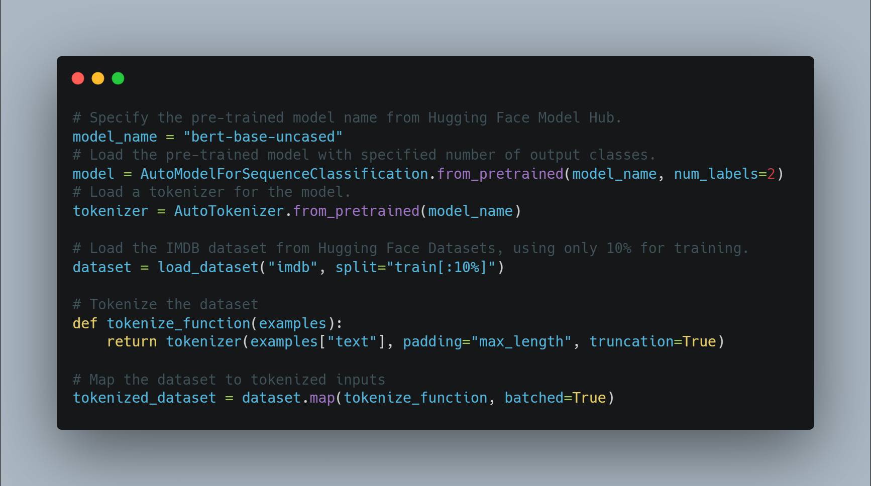 A dark-themed code editor window displays Python code for setting up and tokenizing a dataset using a pre-trained model from Hugging Face. The script includes defining a model and tokenizer, loading the IMDB dataset, and tokenizing it.