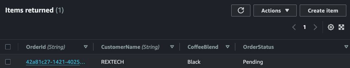 Verifying new order is stored in DynamoDB table.