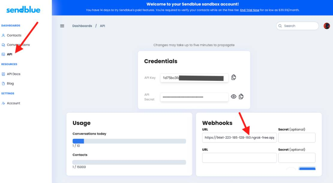 Screenshot of sendblue showing  addition of ngrok authentication token to webhooks.