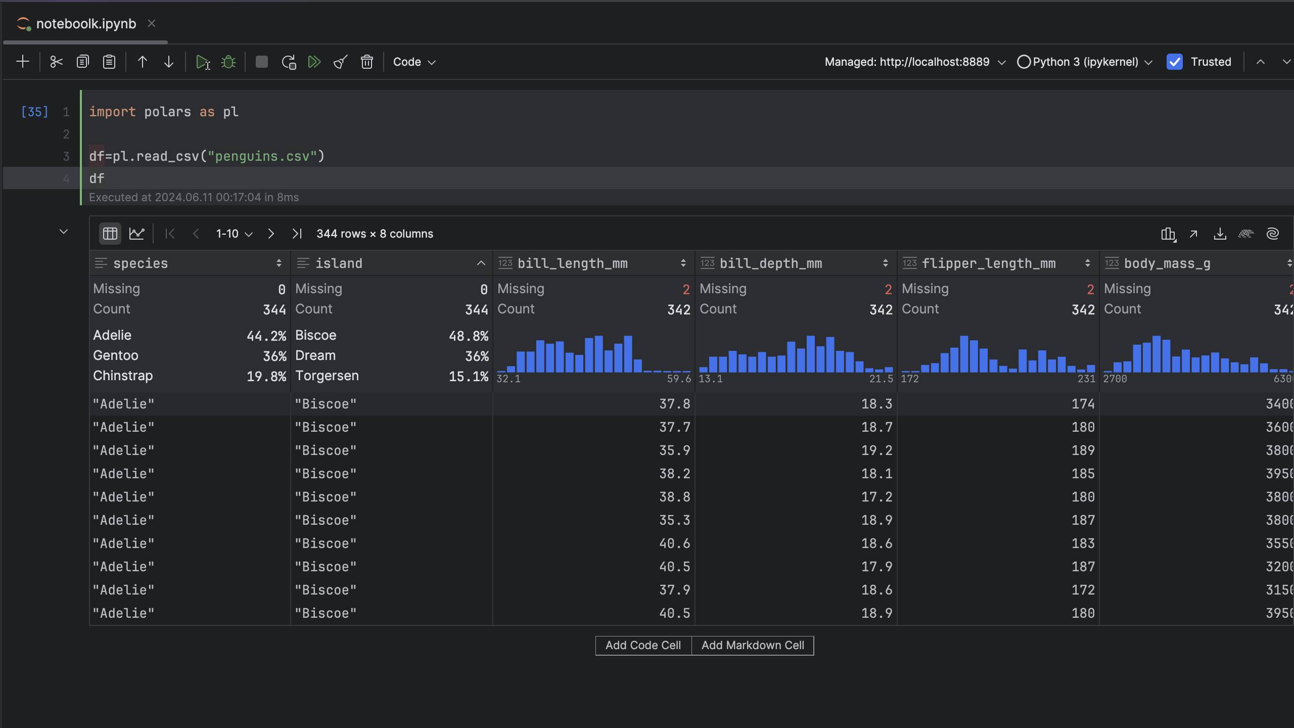 PyCharm interactive tables