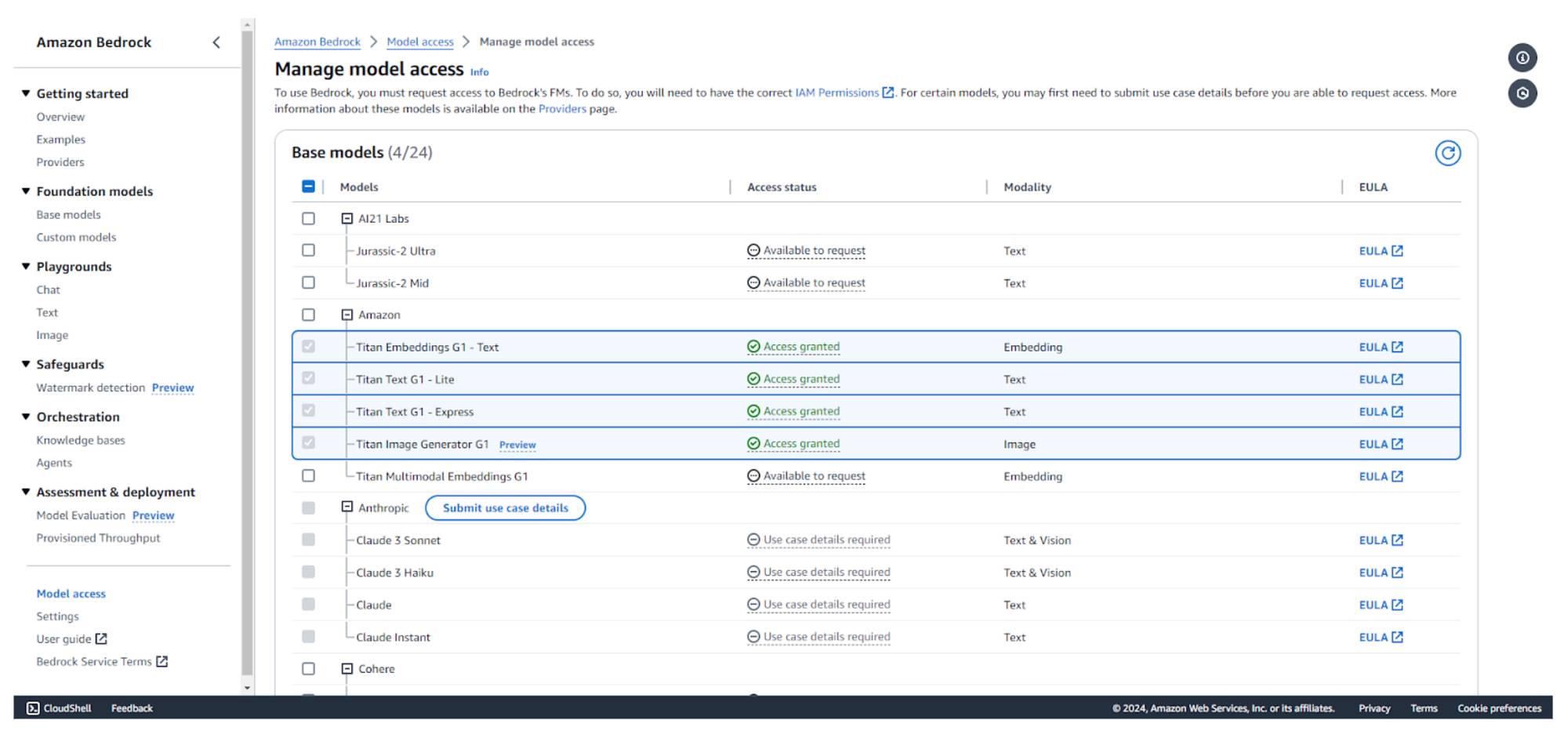 Model access tab to manage model access