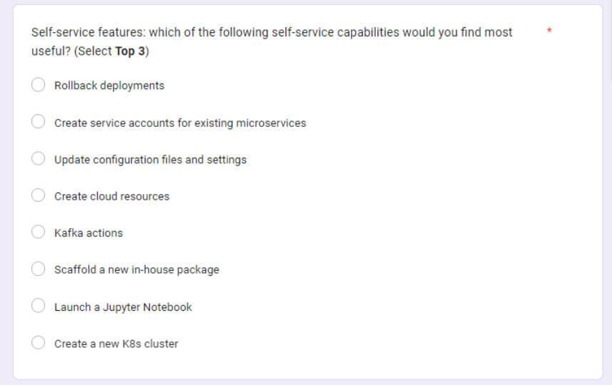 List of self-service features developers might want includes rollback deployments, updating config files and more