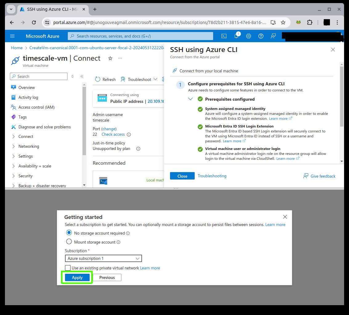 Azure's Timescale VM page. The Apply button is highlighted with a green frame around it.