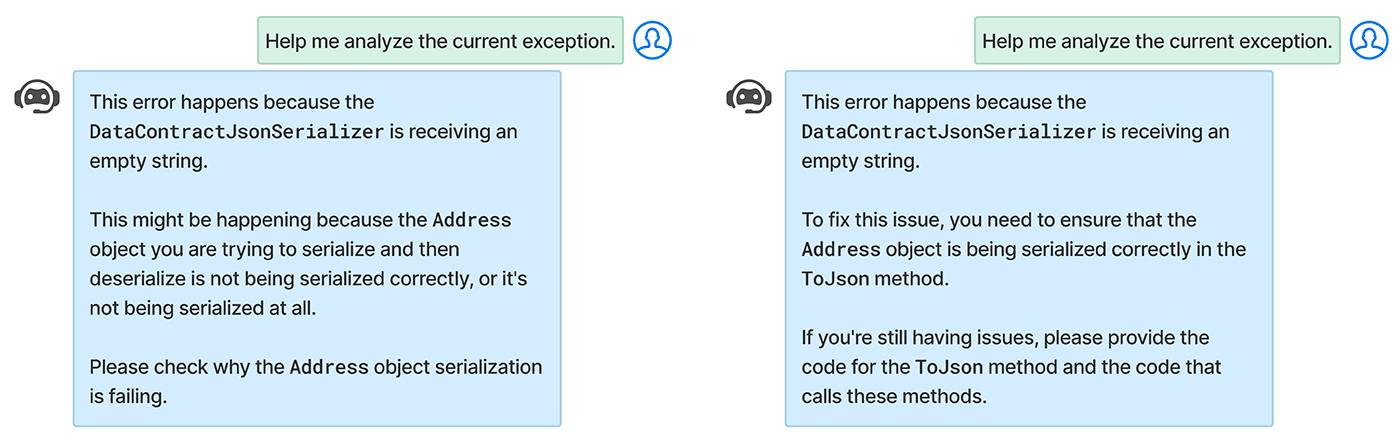 In the image, there are two sample initial responses to the same task by different debugging assistants, shown side by side. On the left, the assistant merely reiterates the meaning of the exception message and gives generic advice, such as asking the user to check why the serialization failed. On the right, the assistant identifies the probable source of the error, points out the specific method to the user, and requests the user to provide the code for that method.