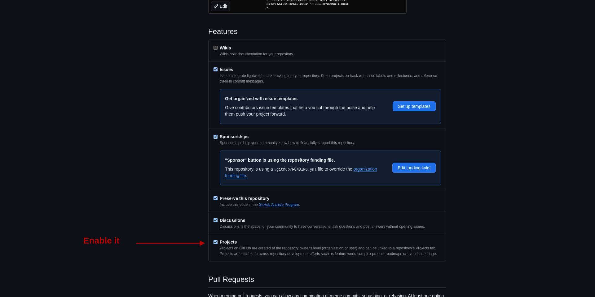 Enable the Project Tab in the Github.