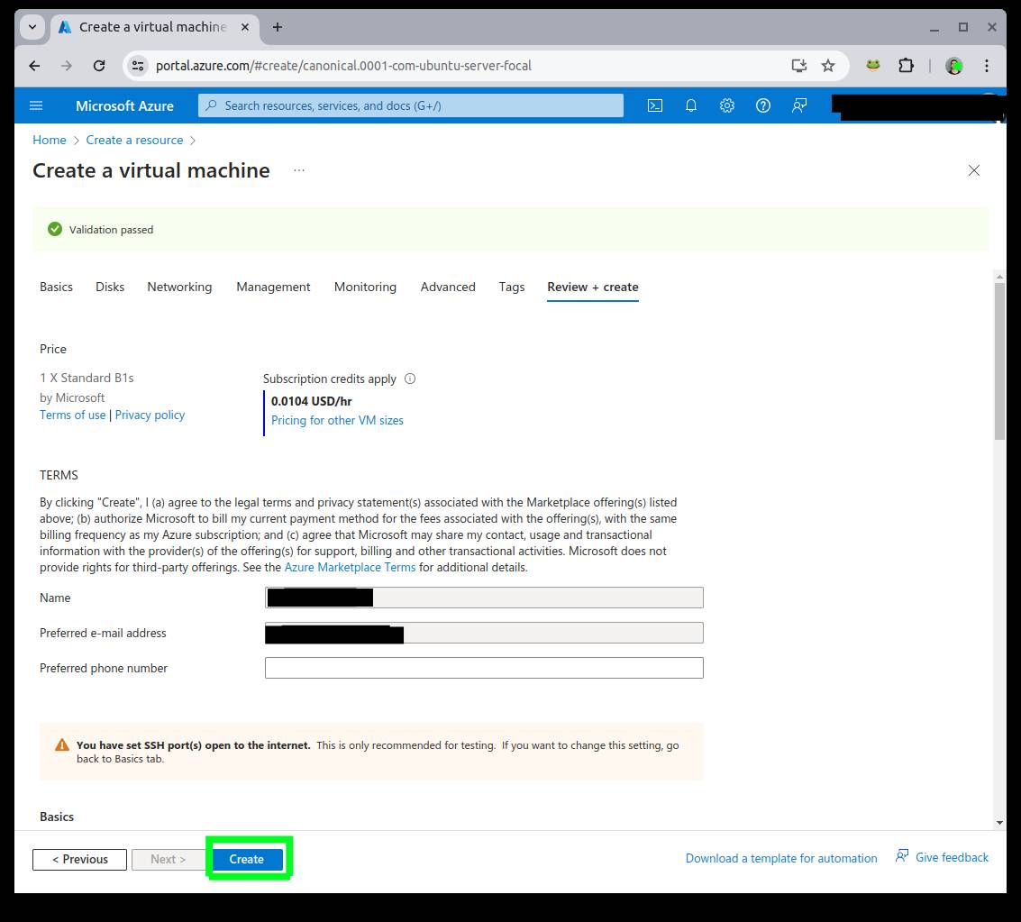 Azure's Create a VM page. The Create button is highlighted with a green frame around it