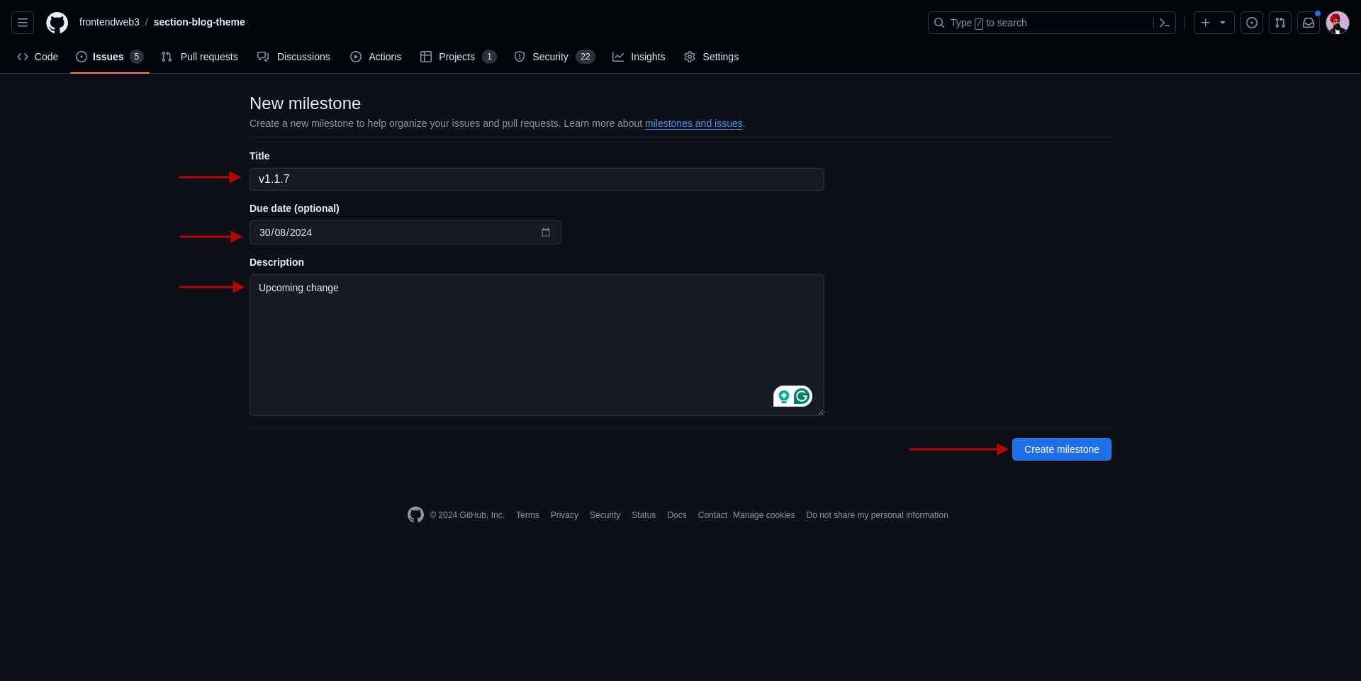 Create a new milestone in Github