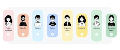 A row of eight illustrated people with labels for each person based on what they do, such as educator, marketer, author, and podcaster.