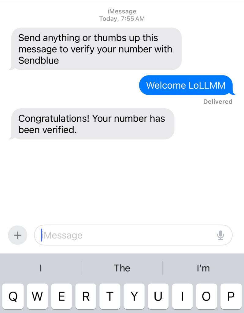 Imessage image showing messages sent to the sendblue number and responses from the lollm service.