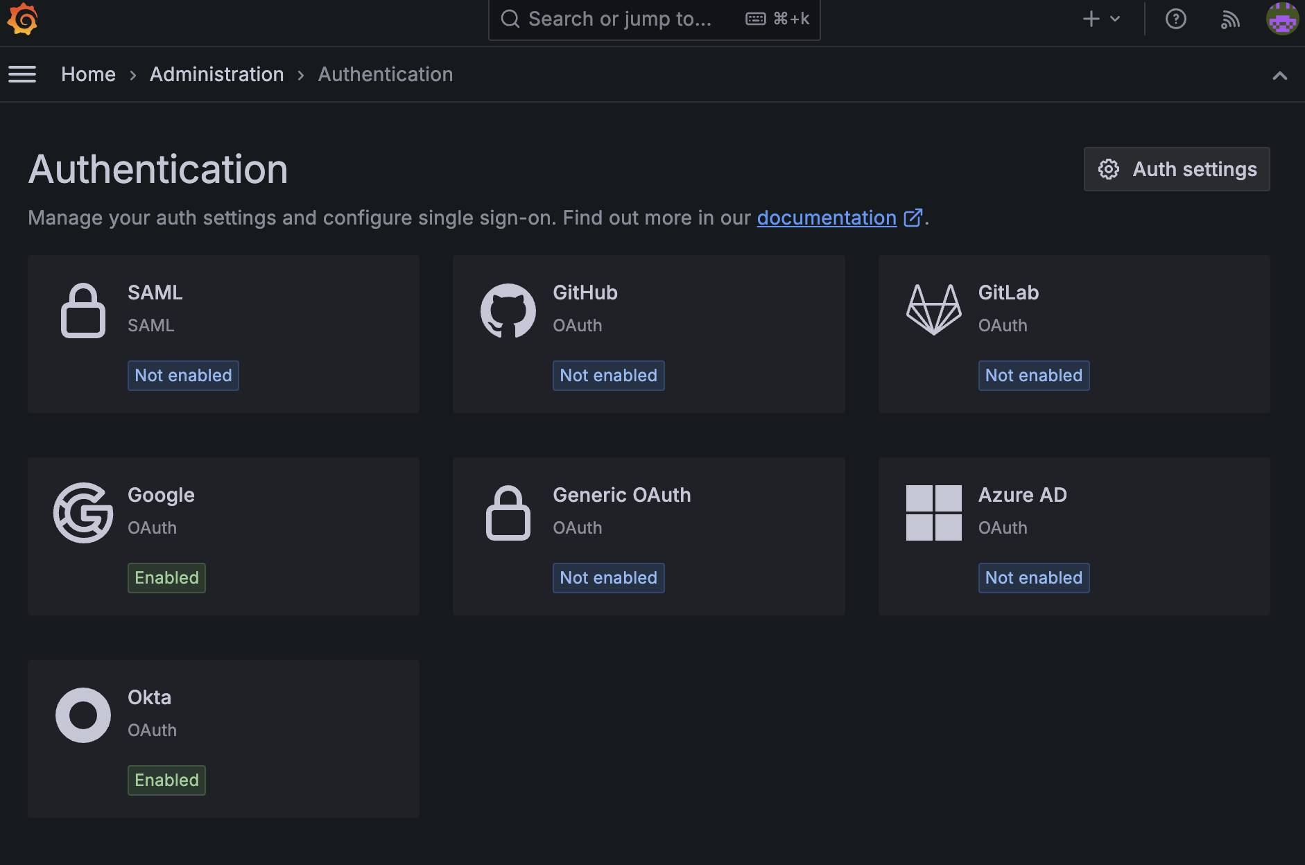 A screenshot of the authentication settings page. 