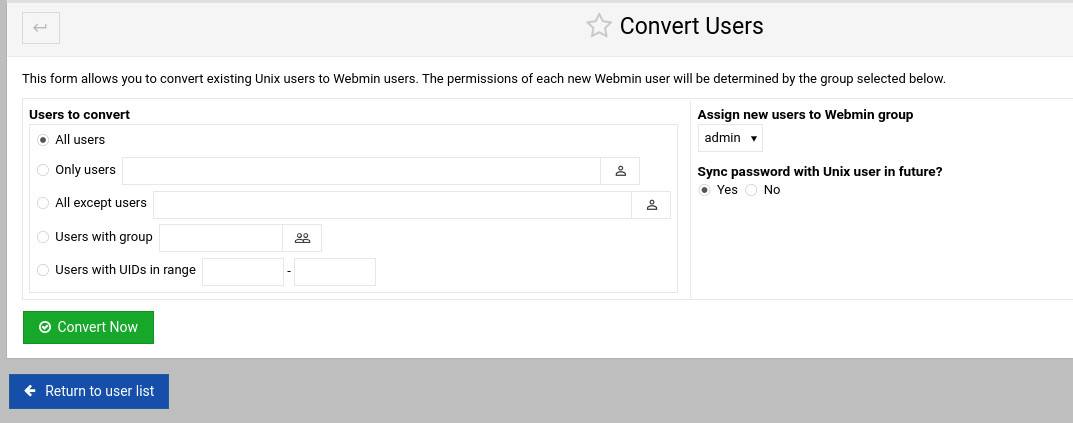 A screenshot of a Webmin page to convert Unix users to Webmin users.