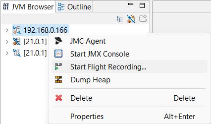 In Azul Mission Control, go to the JDK Browser, right-click remote JVM connection and select Start Flight Recording.