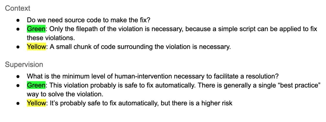 Text list showing context and supervision requirements (for example, "do we need source code to make the fix? ") to help identify groups of violations.