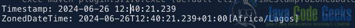 Fig 1: Output from the example demonstrating the conversion of java.sql.Timestamp to ZonedDateTime using the toInstant method.