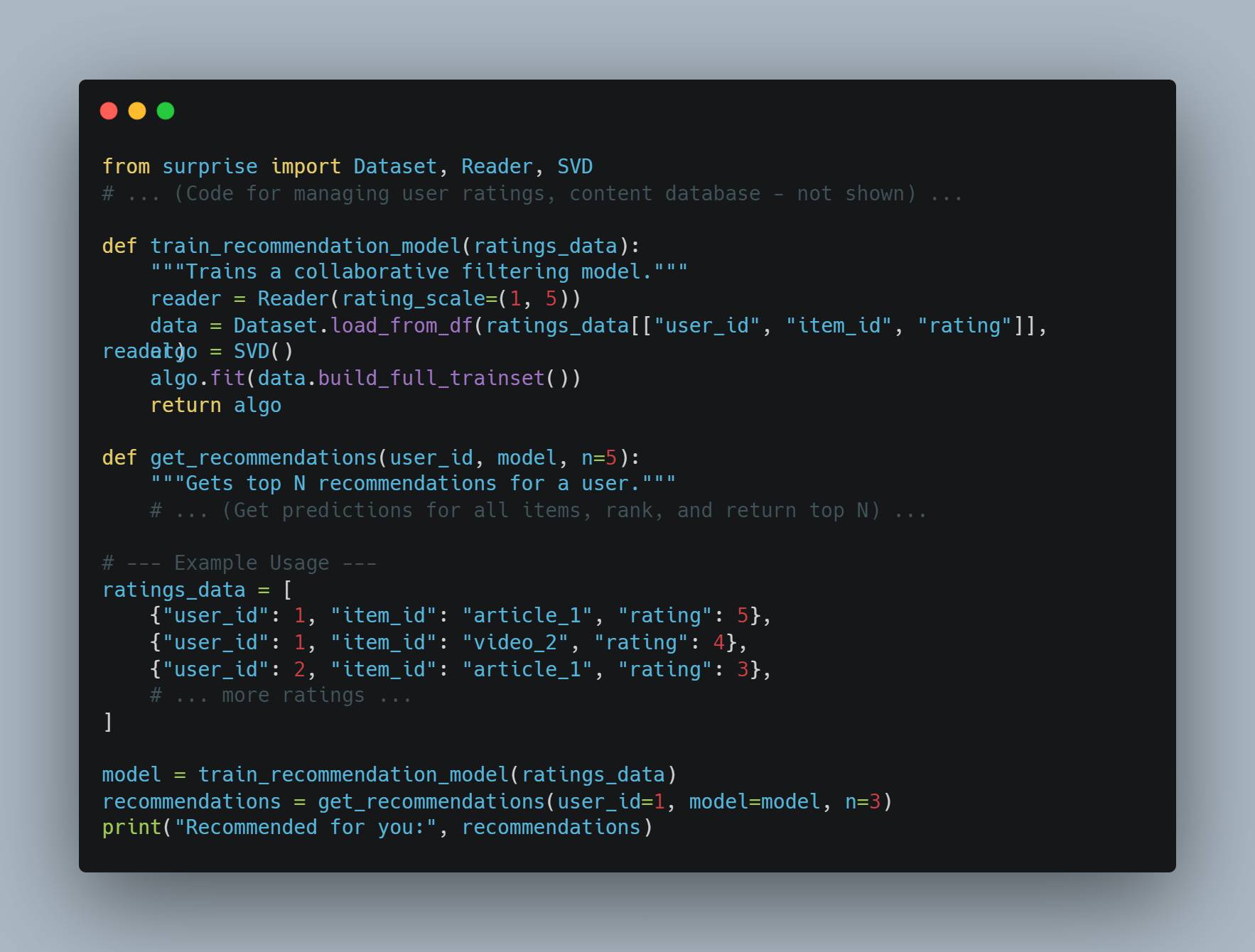 A screenshot of Python code for a recommendation system. The code uses the Surprise library's Dataset, Reader, and SVD modules. There are two functions: one to train the recommendation model (`train_recommendation_model`) using user ratings data, and another to get recommendations (`get_recommendations`). An example usage illustrates how to train the model with sample `ratings_data` and retrieve recommendations for a user with ID 1.