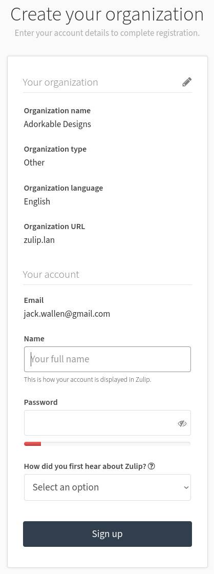 Zulip configuration screen.