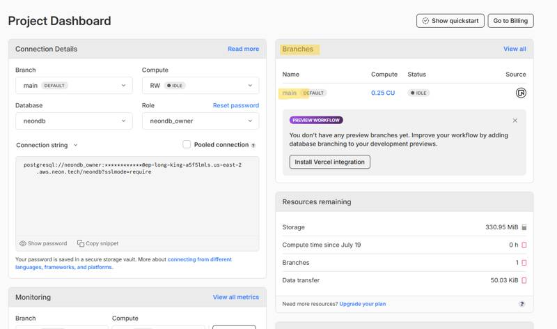 Neon project dashboard with branches section highlighted
