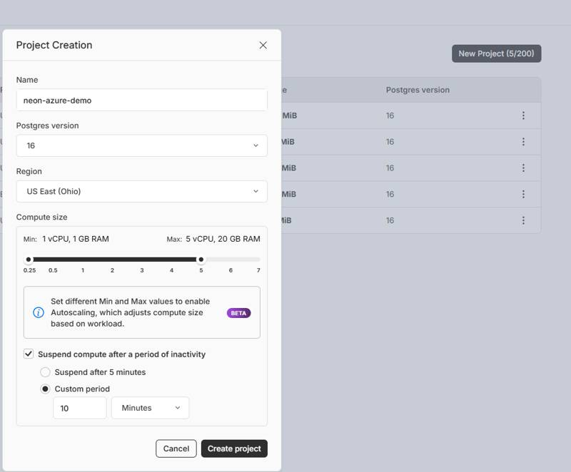 Form with specifications required when creating a database