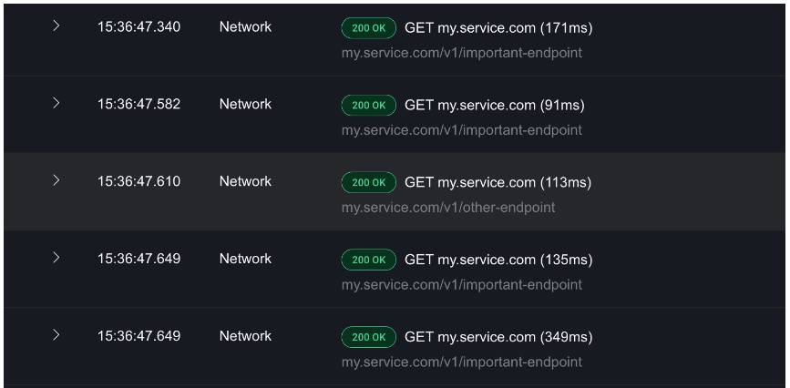 Four of the five calls to a host are GETs to the same endpoint in less than half a second.