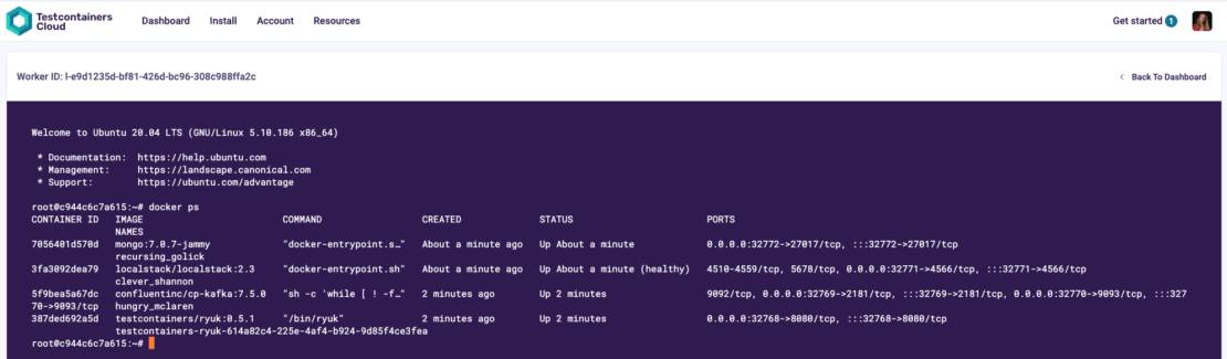 Screenshot of testcontainers cloud showing container access via the command line.