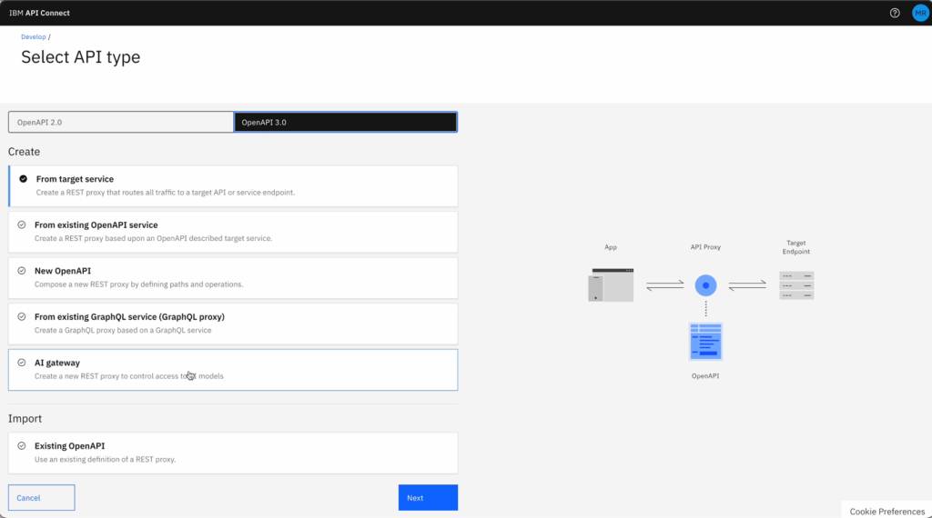 The AI gateway appears alongside other types of API providers in the tool's API management dashboard