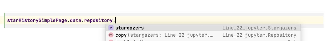 IntelliJ IDEA autocompletion showing the "stargazers" property for the "starHistorySimplePage" object