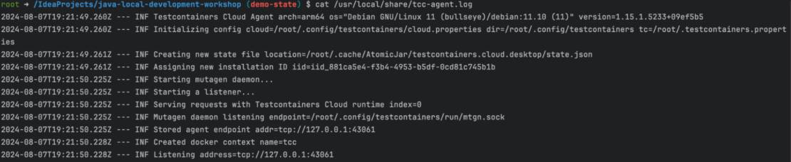 Screenshot of log output, including the "listening address" line, to verify successful installation of testcontainers cloud agent.