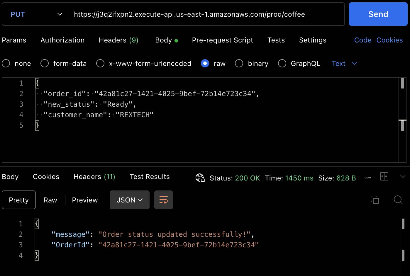 Testing the PUT method using Postman.