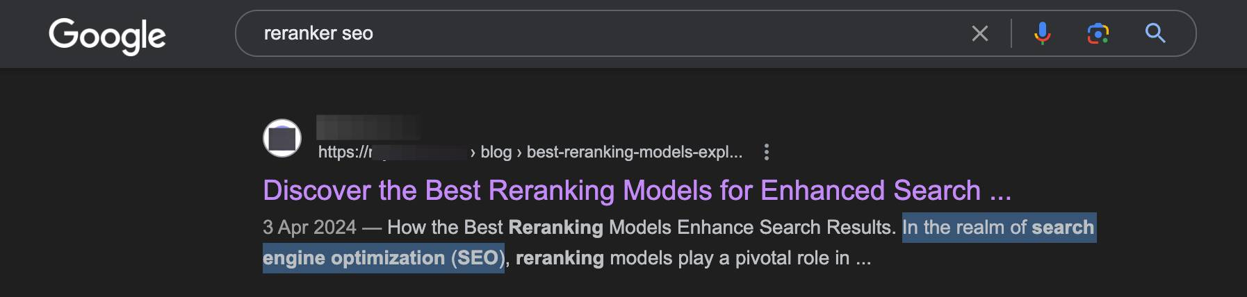 Screenshot of Google search results for "reranker seo" showing articles on enhancing search with reranking models.