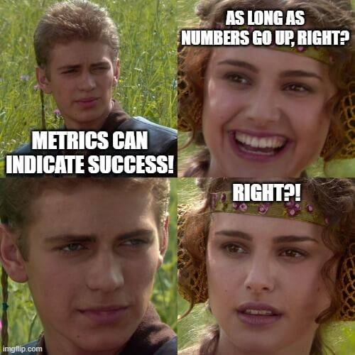 Collage with words: "Metrics can indicate success," "As long as numbers go up, right?" and "Right?"