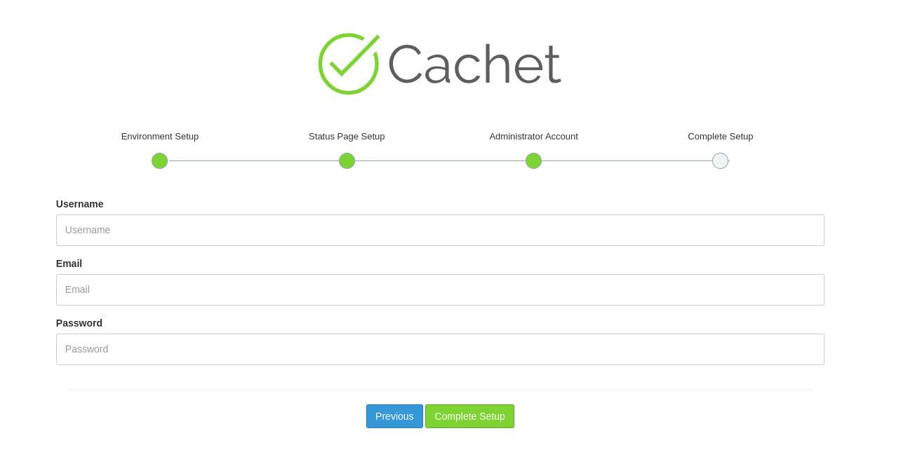 Screenshot: Adding the initial admin user for Cachet.