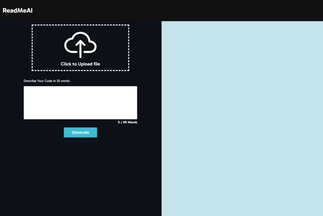 Screenshot of readmeai page with option to upload a file and provide a short description.