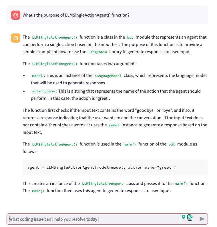 Screenshot of code explorer response to "what's the purpose of llmsingleactionagent() function? " when detailmode=true.