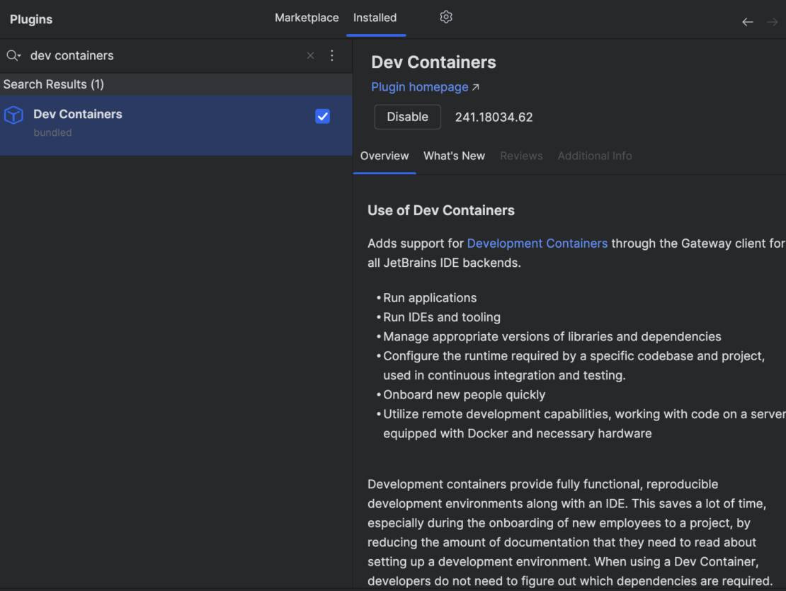 Screenshot showing overview of dev containers plugin.