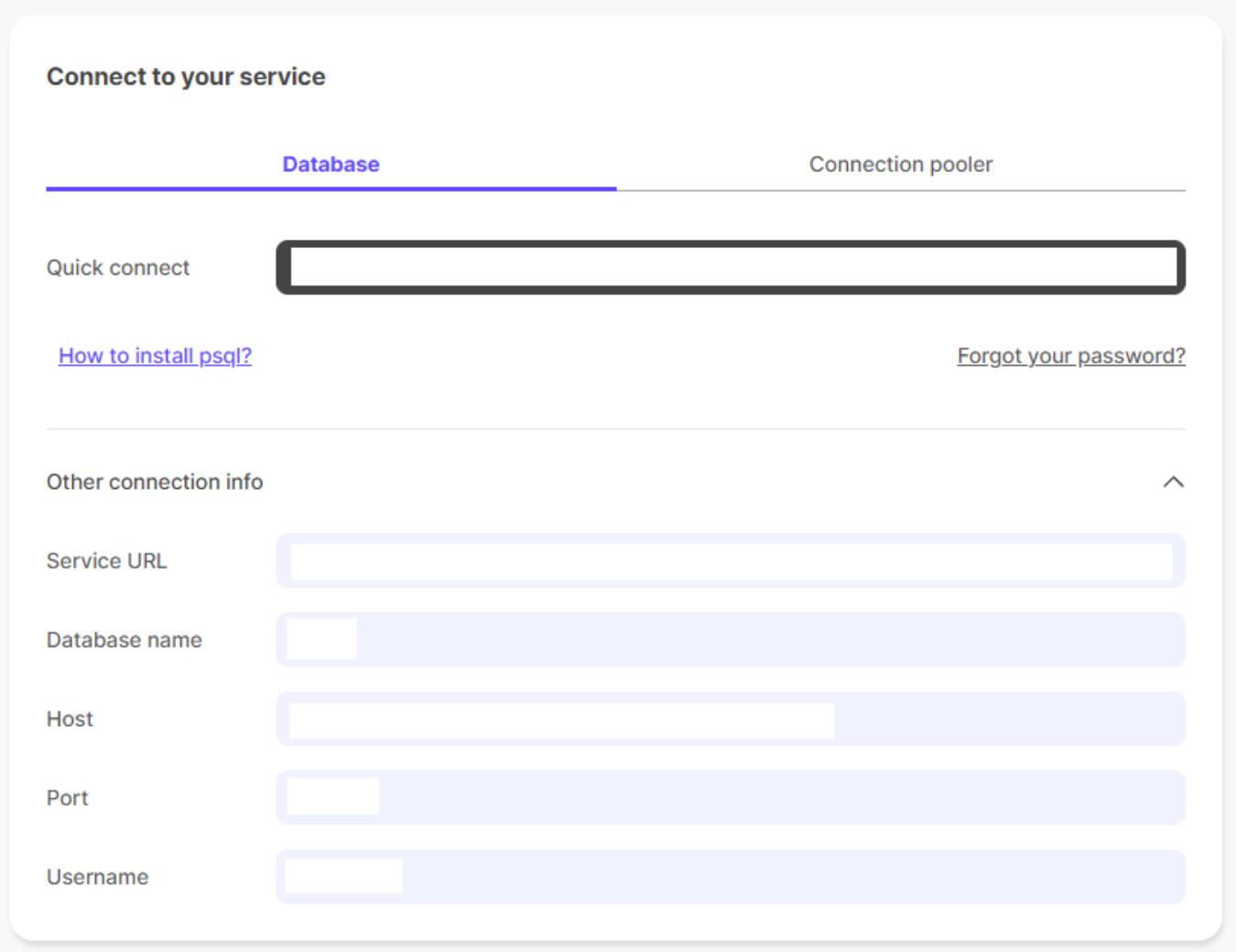 The Connect to your service page in the Timescale console