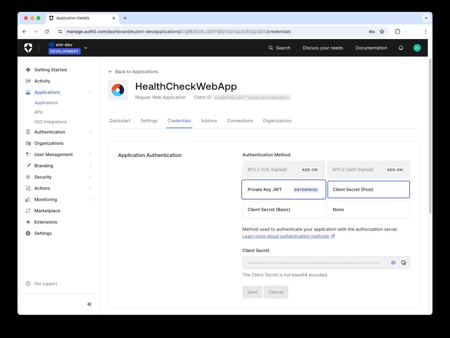 Private Key JWT credentials in the Auth0 dashboard
