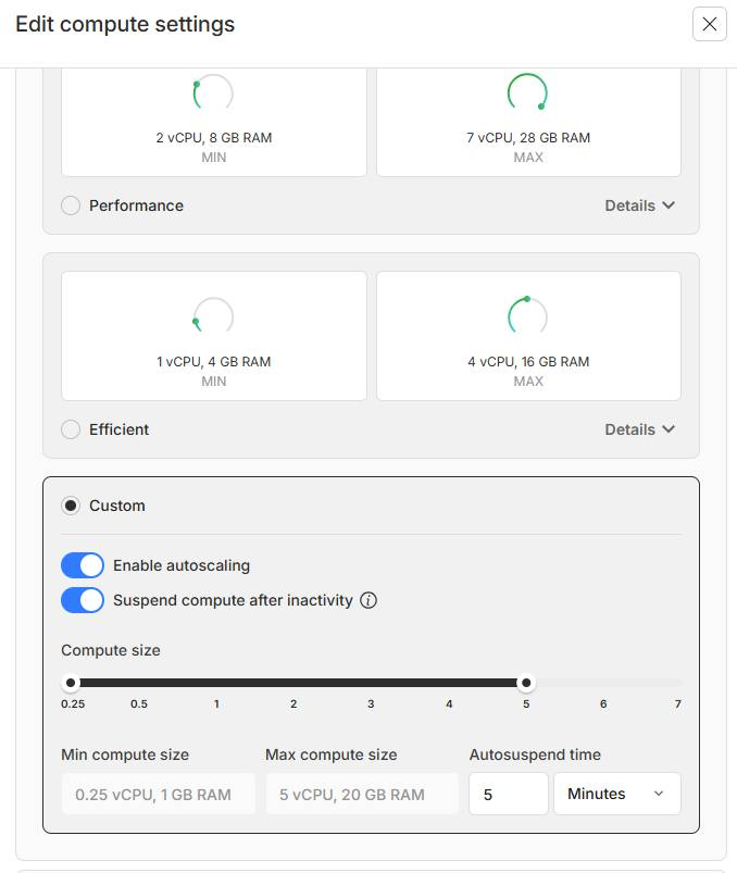 Form to enable autoscaling and select min and max size of the compute