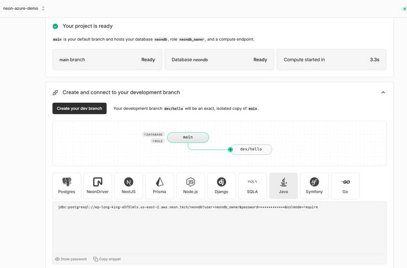 Neon Dashboard showing the project is ready. Also shows connection details.