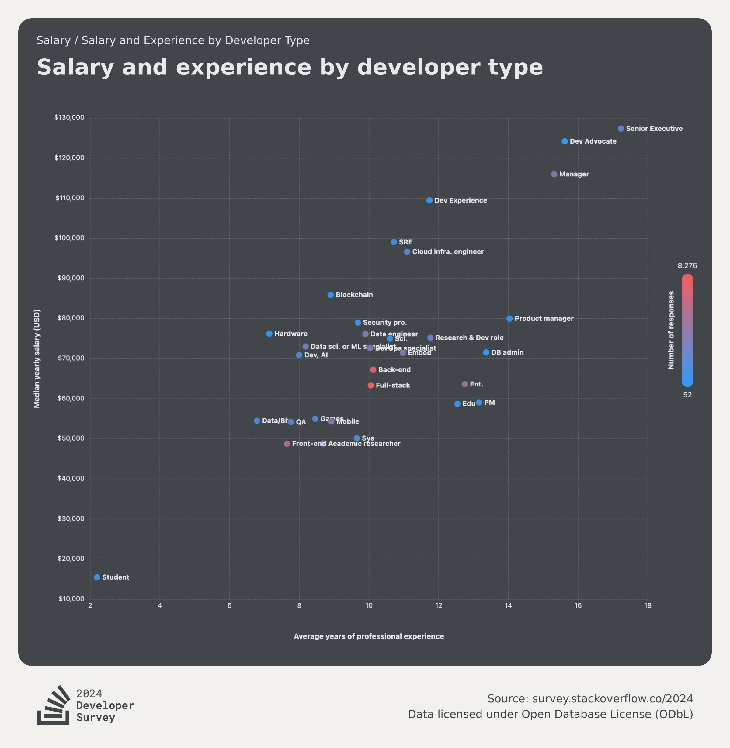 2024 Developer Survey results for median salary and average years of experience for developer roles; Senior Executives average 15+ years experience with $127K+ USD annual salary.