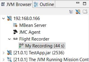 Check the progress of the recording by expanding the remote JVM connection in the JVM Browser.