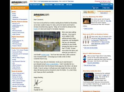 The Amazon homepage in 2008 with the Kindle ad displayed on it